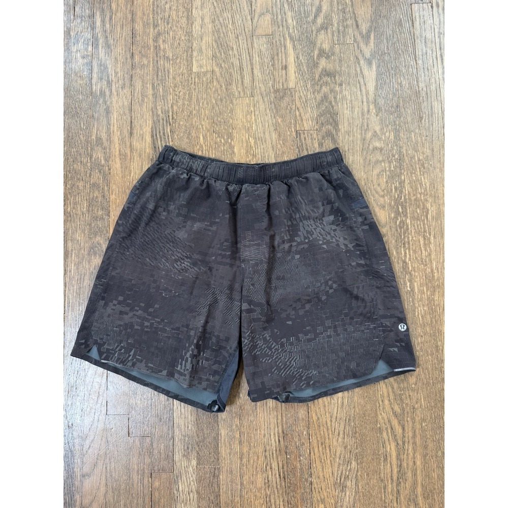 Lululemon Mens Surge Lined Running Shorts Black Geometric Print Size Medium 6"